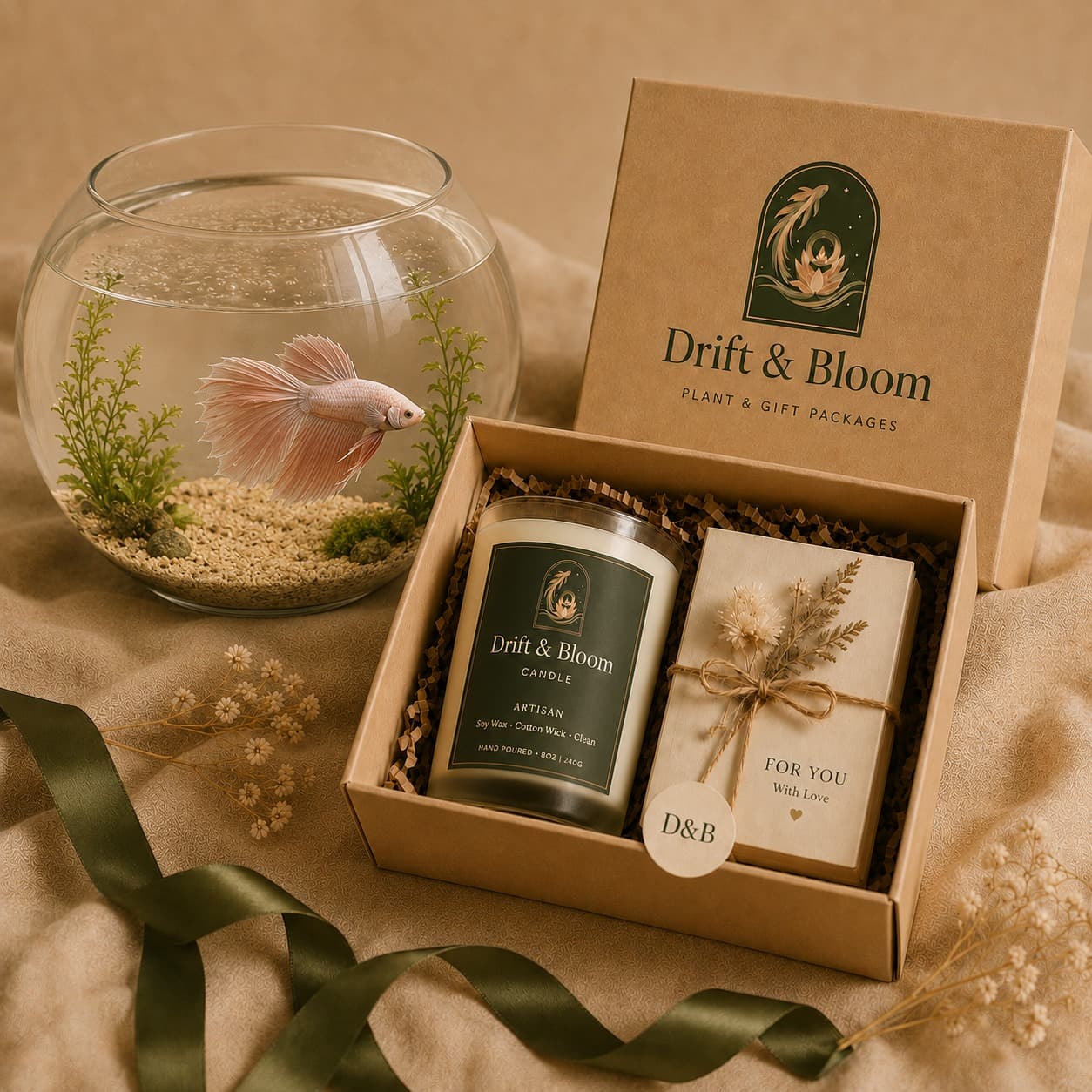 A Drift & Bloom gift box with a plant, candle and gift card