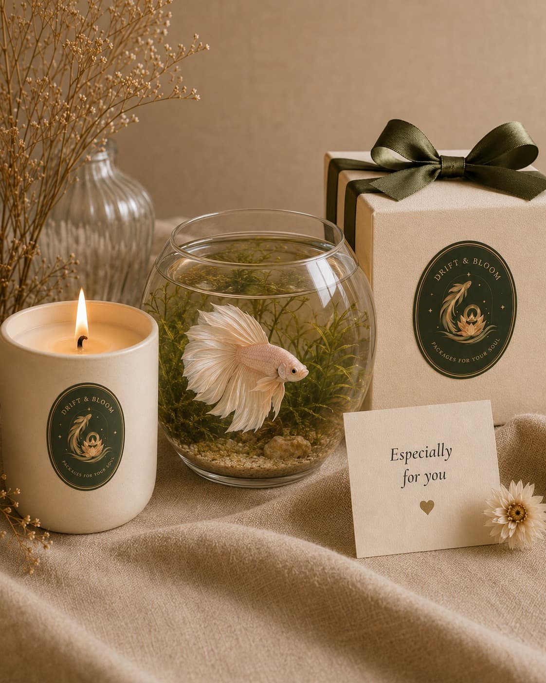 A wrapped Drift & Bloom gift box with a ribbon, candle and gift card